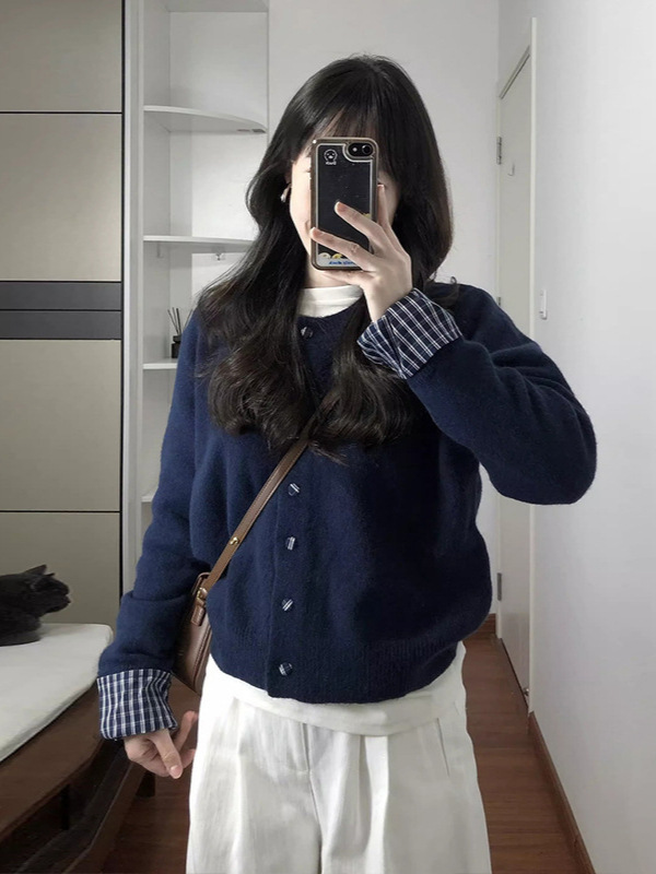 假两件藏蓝色软糯针织开衫春秋季新款韩系慵懒风毛衣外套女上衣|undefined