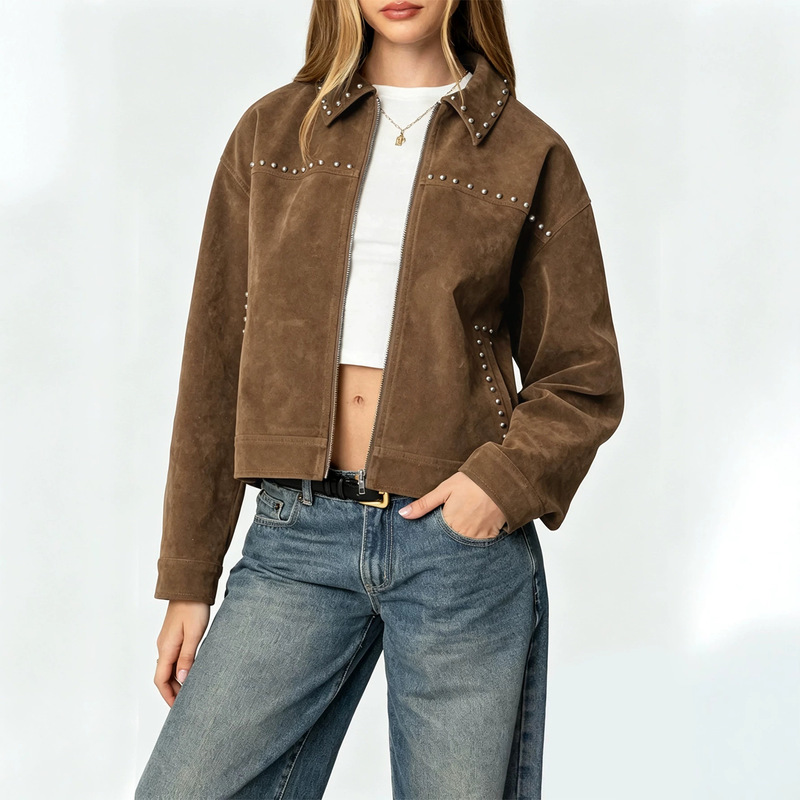 European and American cross-border women's urban casual retro lapel zip pocket studded long-sleeve faux suede jacket