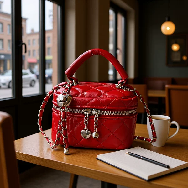 Chanel-Style Makeup Bag with Heart Decoration, Bucket Bag, Quilted Chain Crossbody Bag, Small Square Handbag