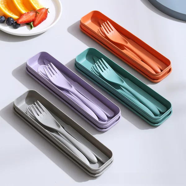 Cross-border Wheat Straw Knife, Fork and Spoon Tableware Set Amazon Explosions Outdoor Travel Portable Three-piece Set