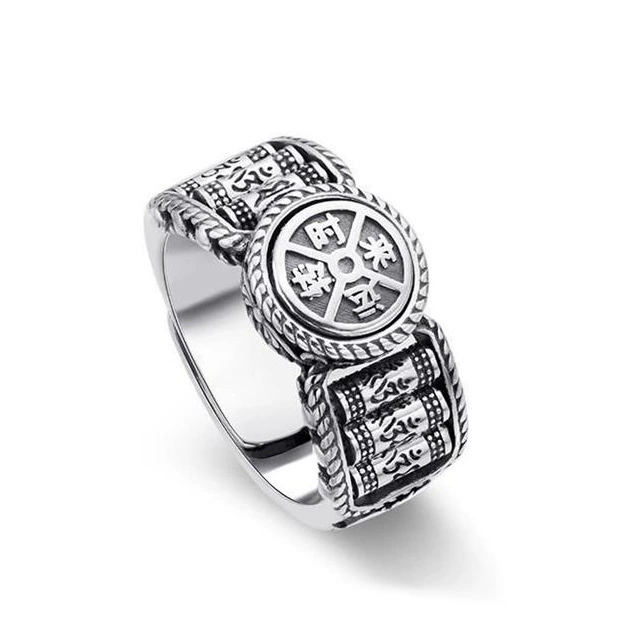 Retro -old to run the motivation ring, the female national tide style domineering six -character mantra can adjust the index finger ring men