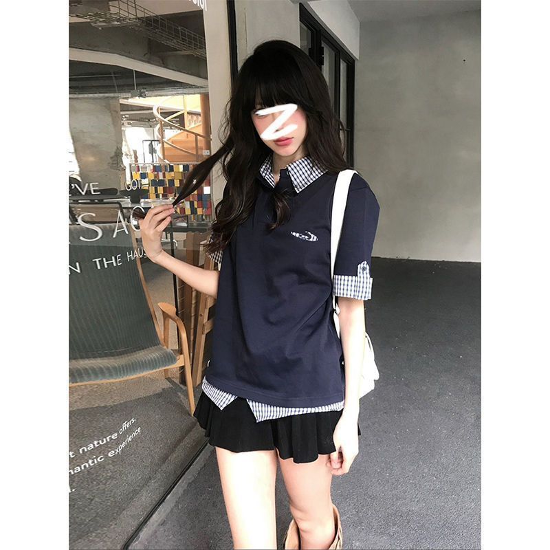 American Retro Short-Sleeve Polo Shirt for Women, Summer Miu Style Plaid Patchwork Fake Two-Piece Slim-Fit Trendy Top