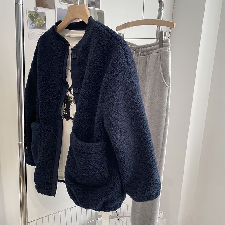 Lamb wool casual sweater autumn and winter fleece-lined thickened coat women's fashionable ins Autumn New loose cardigan top