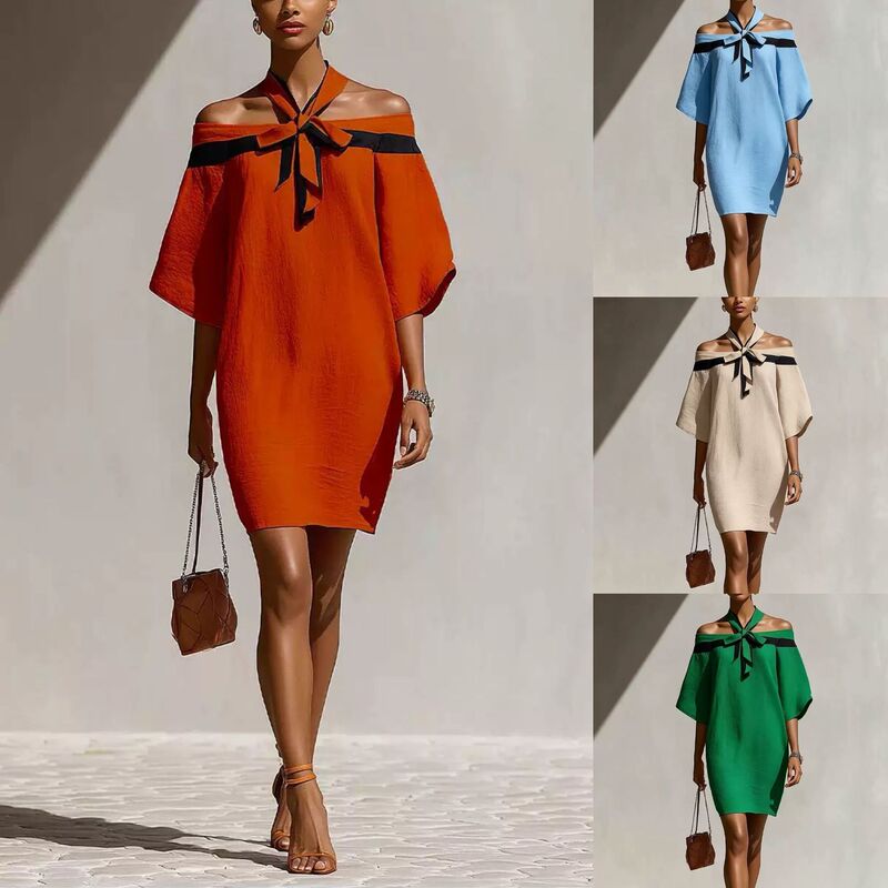 Jyf 2026 Independent Site Amazon Orange Off-Shoulder One-Shoulder Mini Dress Summer Black Bow Collar