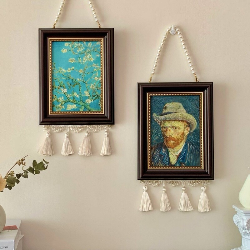 French-Style Vintage Bead Chain Photo Frame Van Gogh Oil Painting Background Wall Decoration Painting for Dining Room, Bedroom, Bedside, Sofa Wall Decor