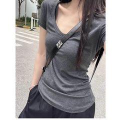 彩棉拉架夏季新款收腰顯瘦緊身低領露鎖骨上衣甜辣妹正肩短袖T恤