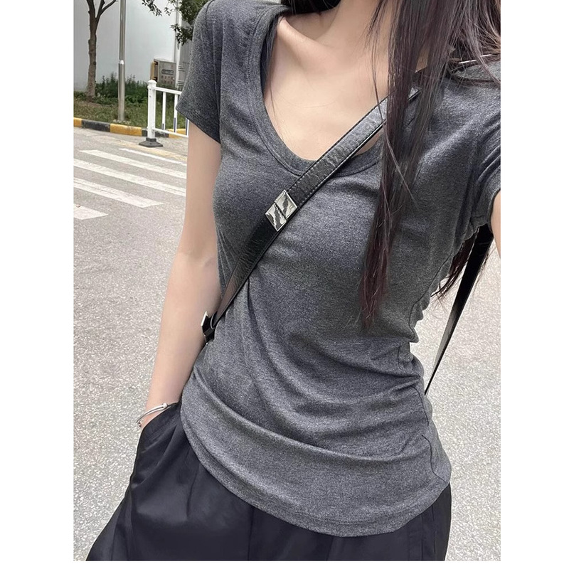 Colored Cotton Pull Rack Summer New Tight Waist Slimming Tight Low Neck Clavicle Top Sweet Spice Girl Shoulder Short Sleeve T-shirt