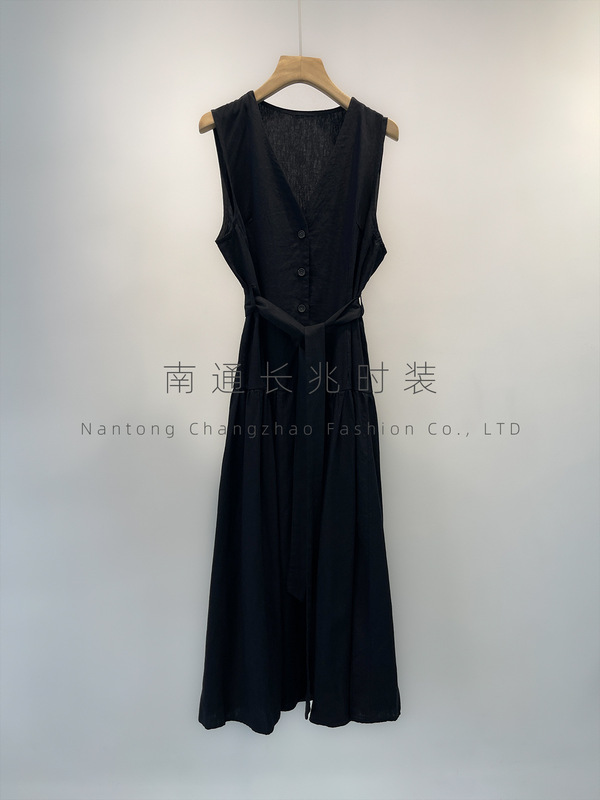 [暗调美学]25早秋亚麻混纺V领无袖黑色连衣裙长裙/极简纽扣+腰带|undefined
