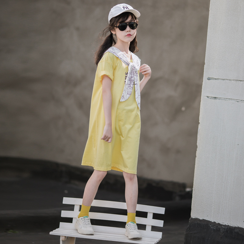 ¡Cuello de chal! Vestido de verano para niñas 2024 nuevo estilo vestido de verano para niños de mediana edad y estilo occidental de moda para niños