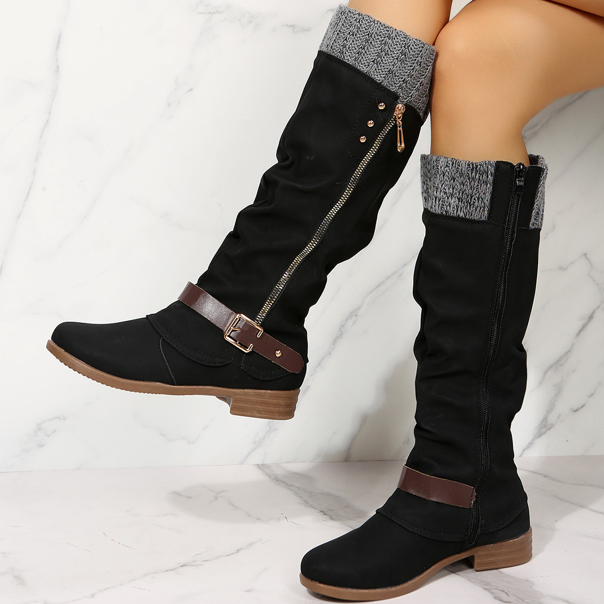 New chunky heel side zip stitching boots for women_voghion.com