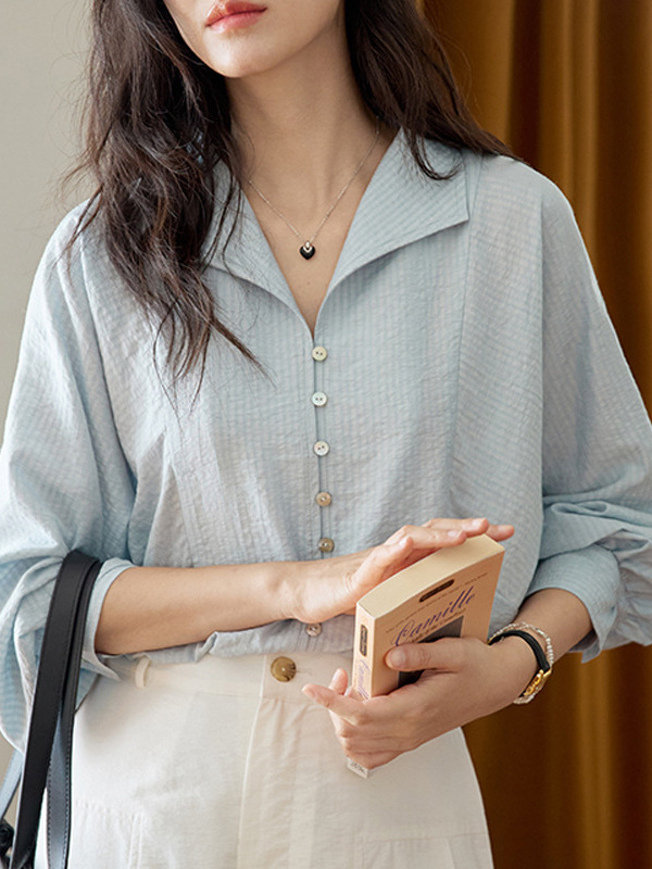 蓝绿色条纹翻领长袖衬衫女秋季2025新款法式复古气质通勤v领上衣|undefined