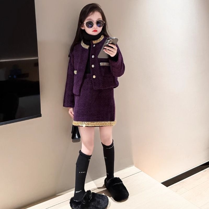 女童小香风套装裙秋冬洋气时髦中大童韩版加厚外套儿童裙子两件套