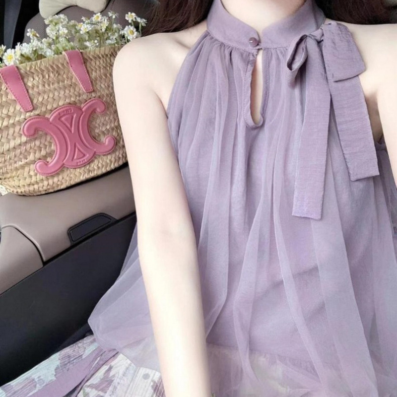 新しい中国風の禅スタイルの女性の夏のハイエンドの紫色のホルターネックトップノースリーブオフショルダーレースアップシャツ|undefined