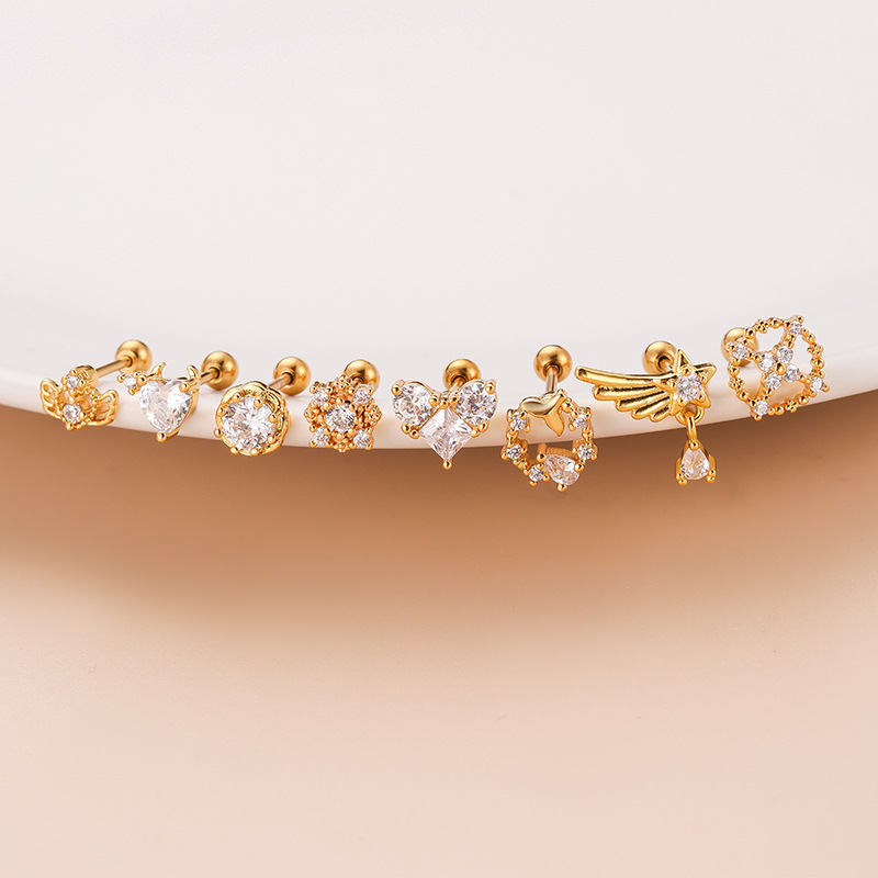 Fashion Heart Shape Copper Plating Inlay Zircon Ear Studs 1 Piece