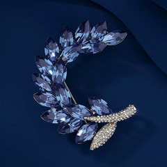 High-end blue leaf plant moon brooch for women, niche design sense, versatile crystal flower brooch, suitable for suits and accessories