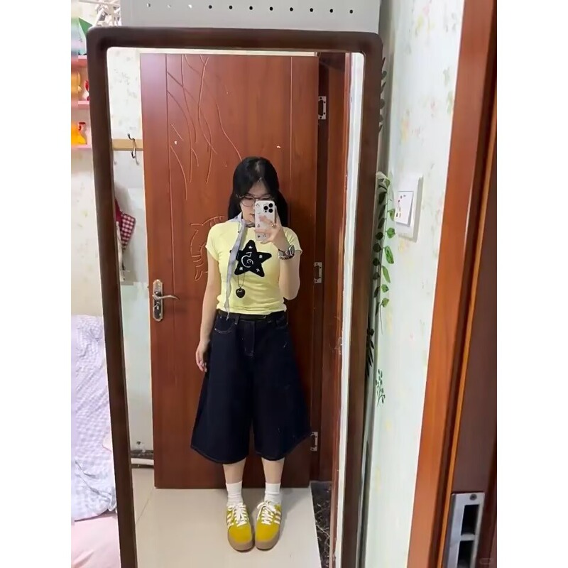 American-Style Dark High-Waisted Drapey Denim Bell-Bottom Pants for Women, New Summer Style, Loose Fit, Slimming, Floor-Length Wide-Leg Cropped Pants American-Style Dark High-Waisted Drapey Denim Bell-Bottom Pants for Women, New Summer Style, Loose Fit, Slimming, Floor-Length Wide-Leg Cropped Pants