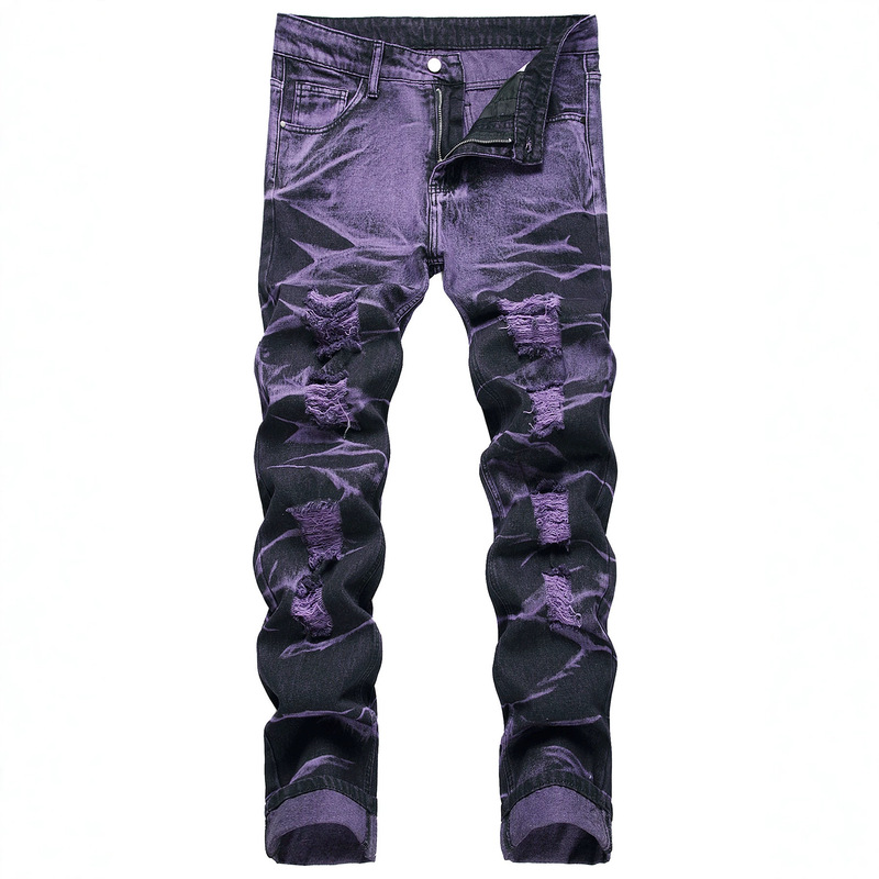 Cross-border foreign trade Amazon high-quality trend personalized purple and black fried jeans with holes