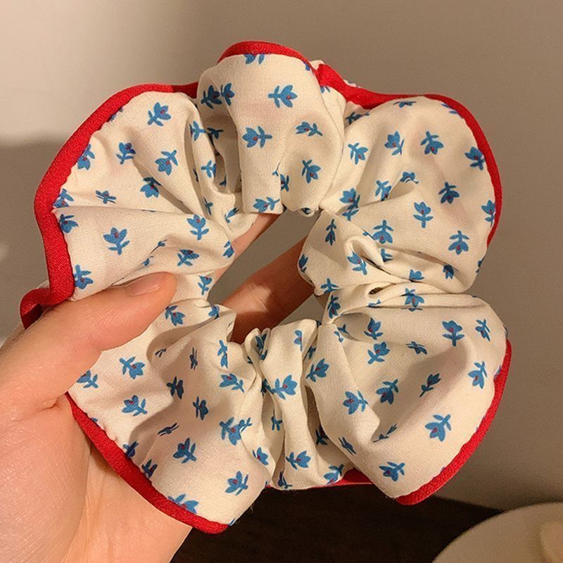 1#파란색 꽃무늬 빨간색 가장자리 머리끈 약 10cm
