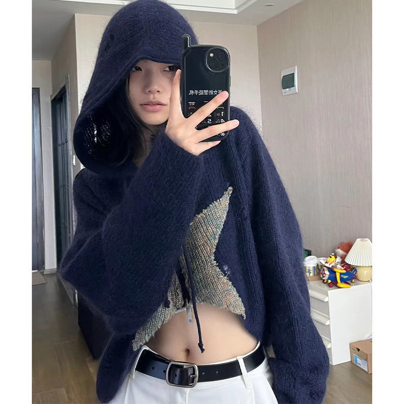 2022 AliExpress ebay Europe and the United States for autumn and winter personalized women's cardigan five-pointed star long sleeve hooded drawstring jacket coat