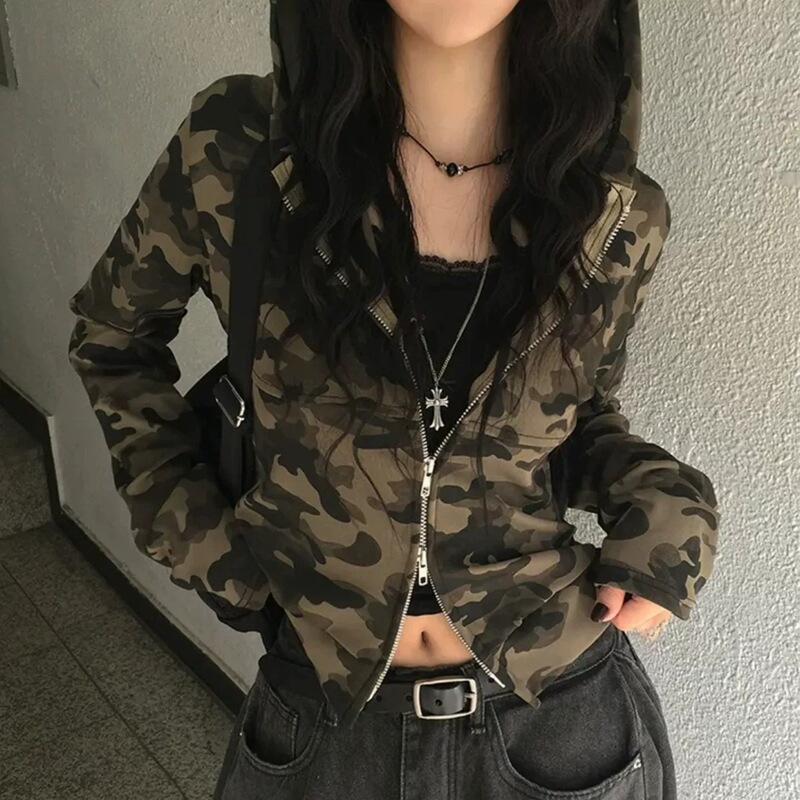 Korean-style retro sweet and cool camouflage double-zipper hooded slim-fit long-sleeve cardigan jacket