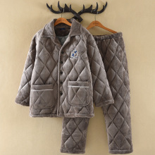 灰色睡衣女士冬季加绒加厚珊瑚绒男士通用中老年三层家居服法兰绒