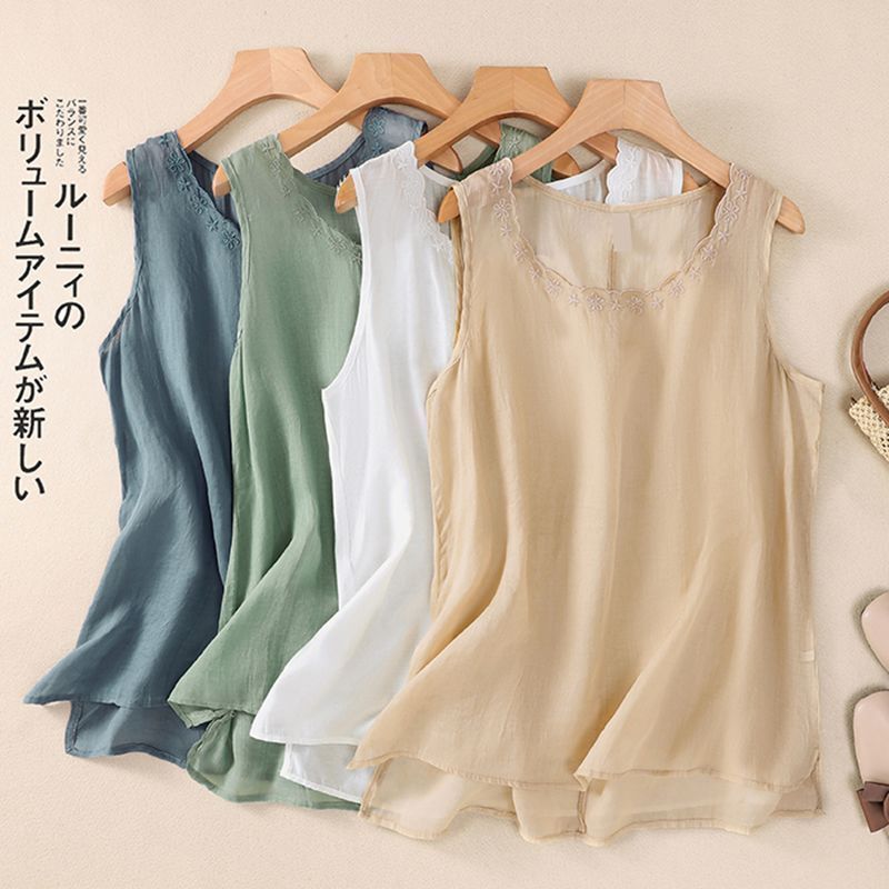 Summer Loose-Fitting Thin Sleeveless Cotton Camisole Vest Plus-Size Women's Outerwear Retro Embroidered Base Top