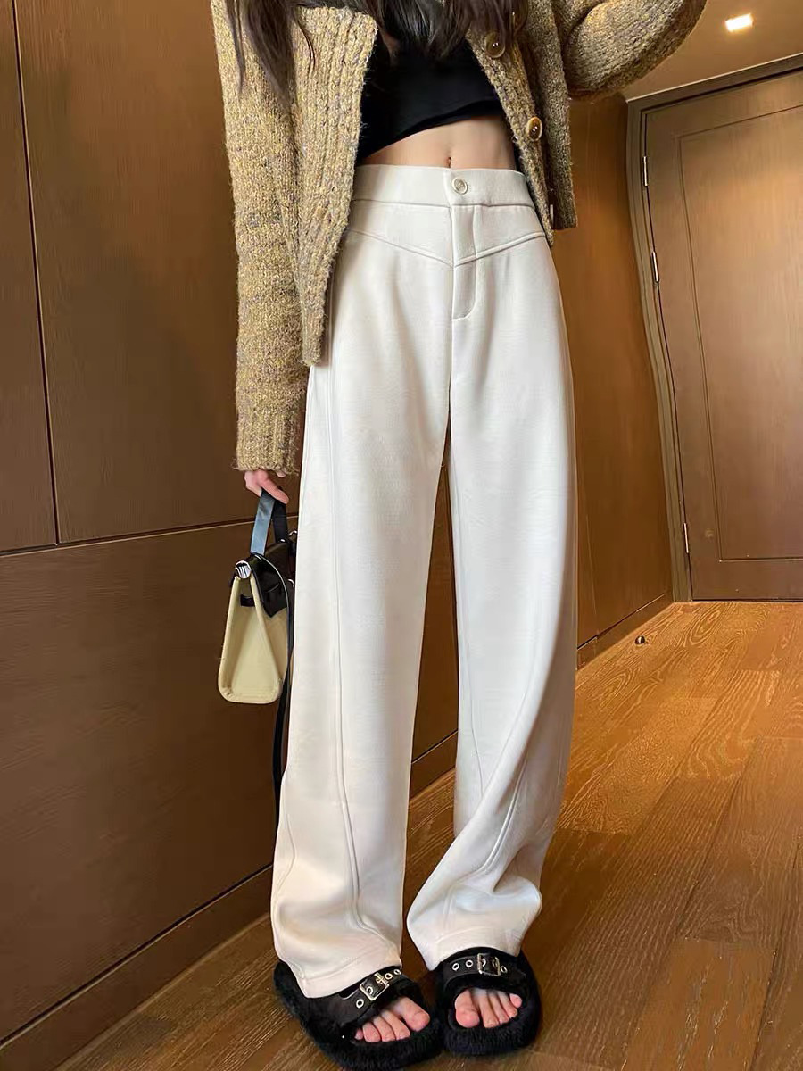 灰色のバナナのズボンの女性は秋冬に厚い直筒の狭い版の広い足のズボンのカジュアルなウールです。