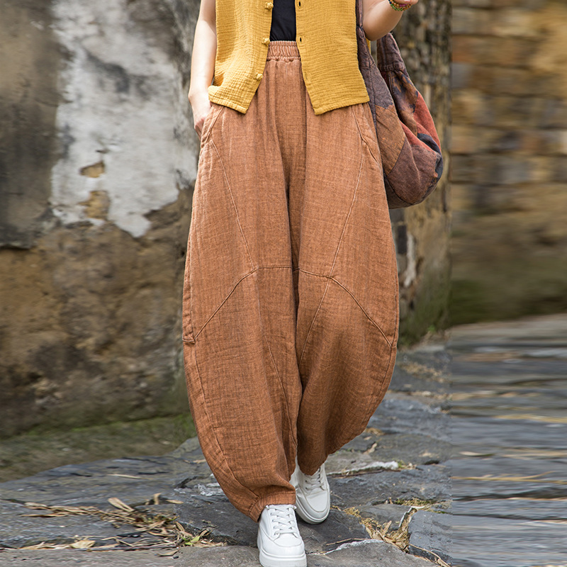 25 Autumn/Winter Cotton and Linen Women's New Arrival Large Fabric Dyed Artistic Vintage Distressed Loose Plus Size Long Pants Women's Lantern Pants
