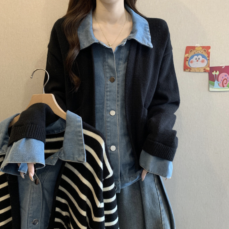 假两件牛仔拼接外套女秋冬港风复古chic宽松休闲夹克上衣女A6832|undefined