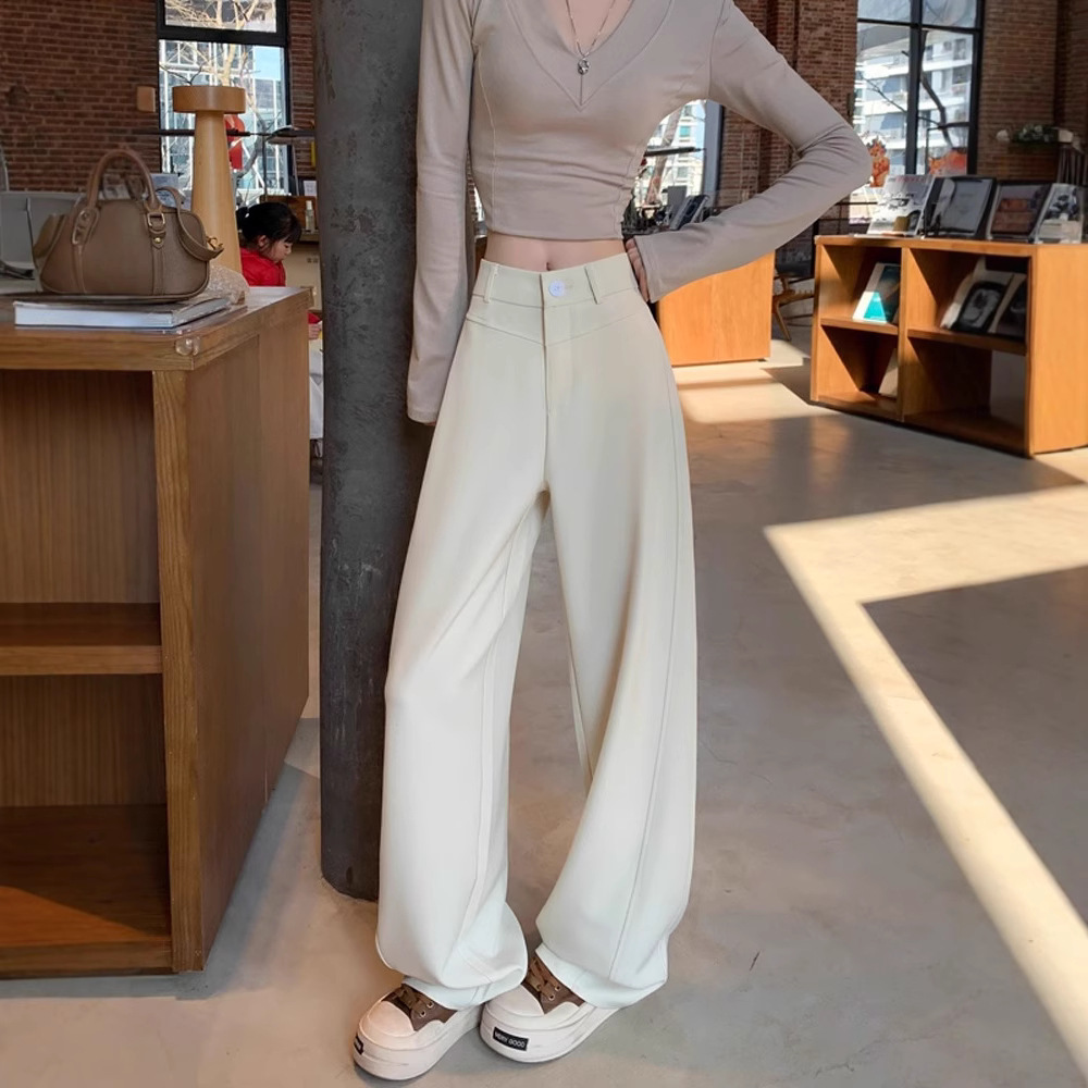 Pantalones de traje gris para mujeres primavera y otoño de alta sensación de caída pantalones de piernas anchas rectos sueltos y delgados pantalones casuales de cimeta