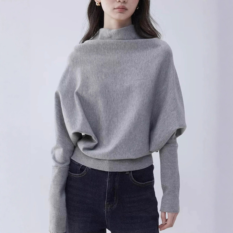 "Mustard Pie Vooe" Gray Half Turtleneck Bat Sleeve Pullover Knitwear for Women Autum Design Loose Top "Mustard Pie Vooe" Gray Half Turtleneck Bat Sleeve Pullover Knitwear for Women Autum Design Loose Top