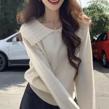 小众秋冬时尚正肩100羊毛针织衫女娃娃领上衣ins潮翻领羊绒毛衣