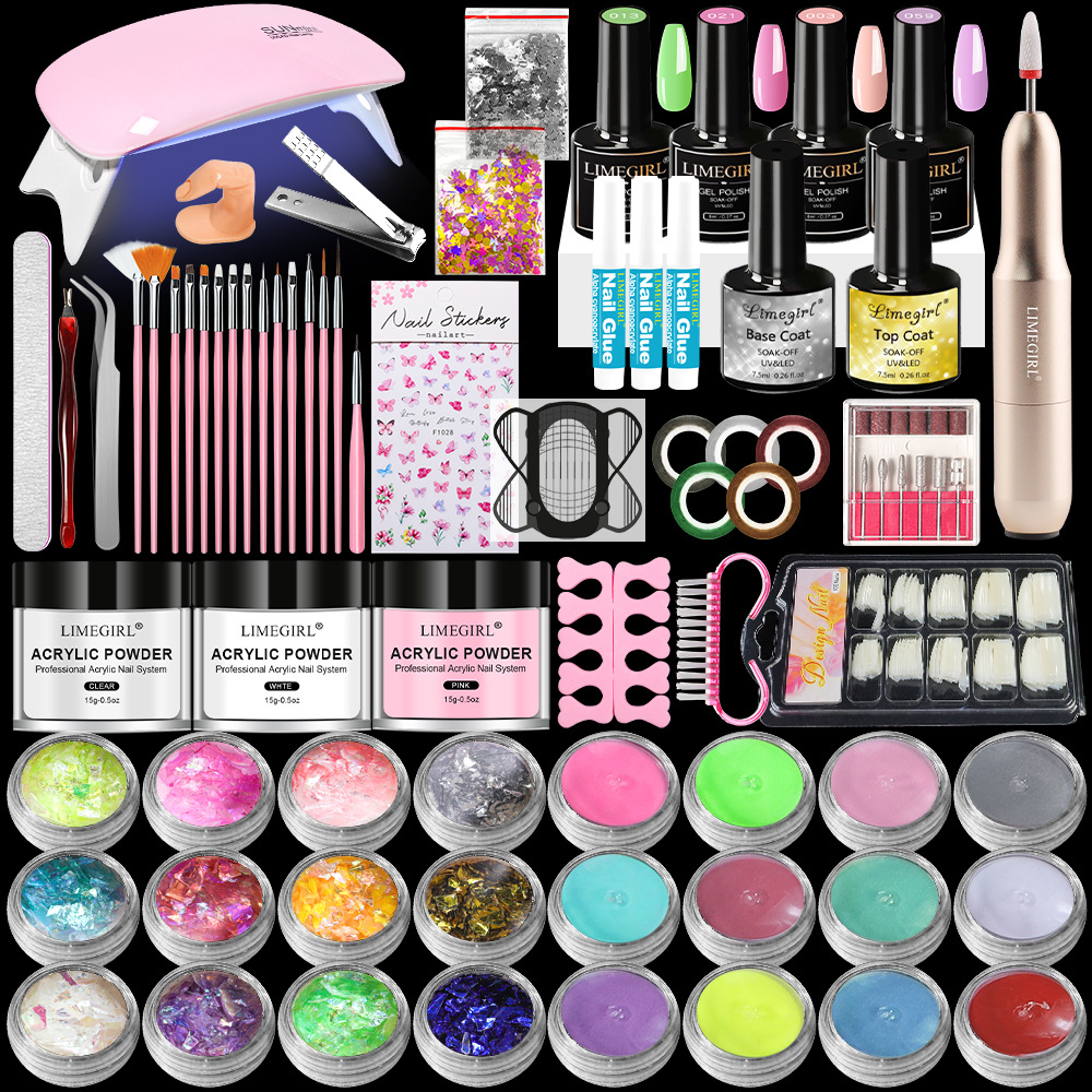 Set de manicura completo con polvo de cristal, líquido de cristal, apto para principiantes, ideal para abrir una tienda, gel de extensión, gel de fototerapia, set de pulido, opcional.