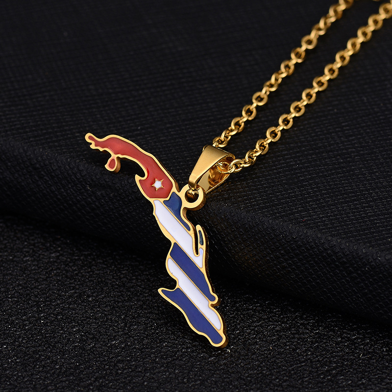 Vintage Öltropfen Kubanische Republik Karte Anhänger Halskette Mode Edelstahl Damen Schlüsselbein Kette_voghion.com