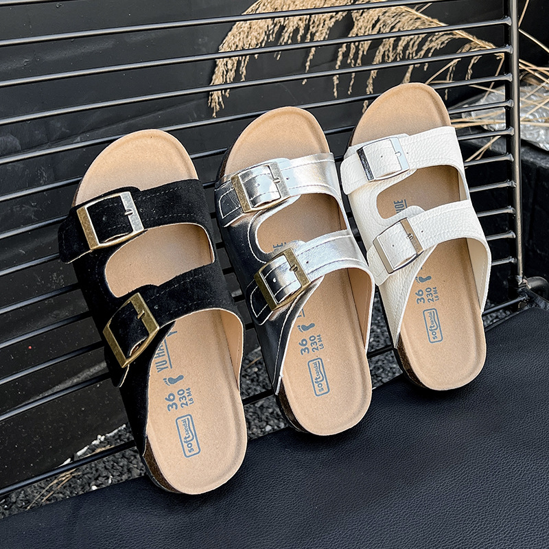 Cuero genuino corcho Boken zapatos de mujer vaca gamuza 2024 primavera y verano Internet celebridad casual antideslizante pareja zapatillas de playa planas