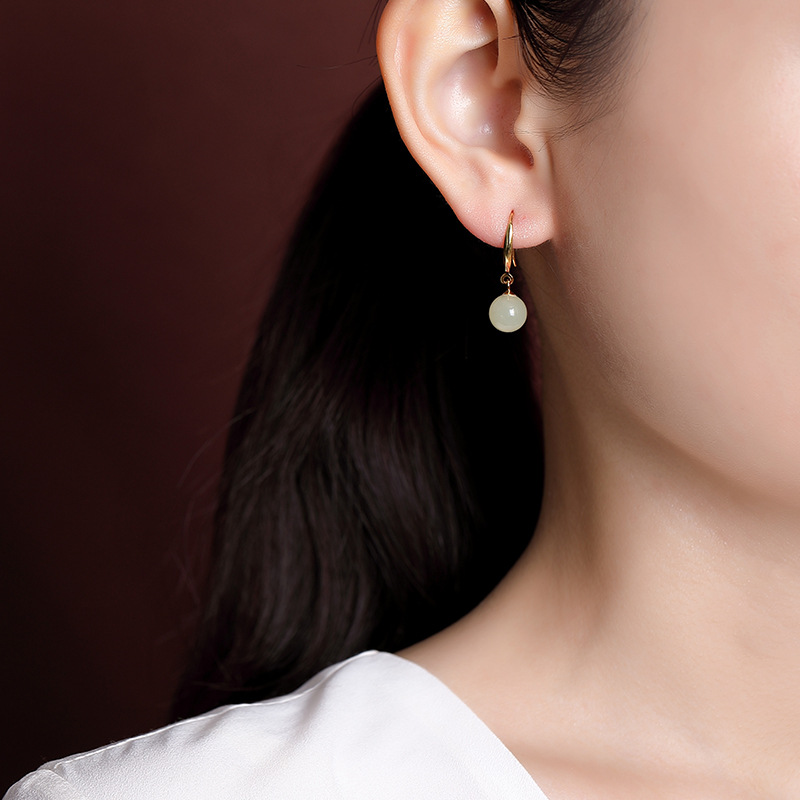 Bông tai bạc S925 mạ vàng đính ngọc Hetian phong cách cổ điển hạt tròn hình học — Kiểu màu bạc