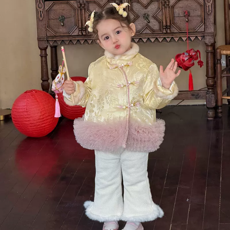 女童汉服过年拜年服冬季儿童国风新中式唐装宝宝周岁礼服冬装套装