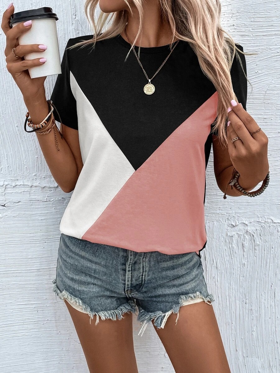 Women's T-shirt Short Sleeve T-shirts Patchwork Contrast Binding Streetwear Color Block display picture 1