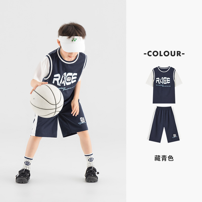 多多家ソフト弾性男の子用バスケットボールウェア、夏用半袖ショートパンツ、メッシュ素材のフェイクツーピース、中高生向けトレーニングウェア、トレンディなスタイル|undefined
