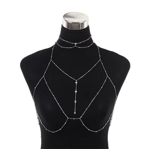Factory European and American Hot Girl Sexy Titanium Steel Body Chain Personality Fringe Sparkling Diamond Pendant Necklace Chest Chain for Women