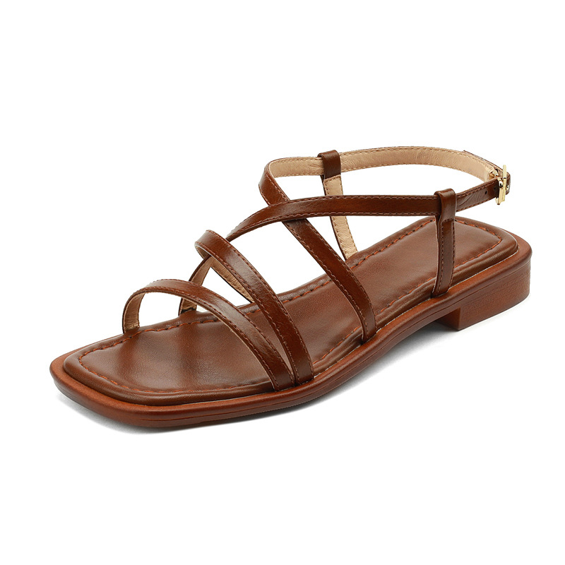 Sandal La Mã dệt cổ điển nữ quai ngang đế bệt — Màu nâu