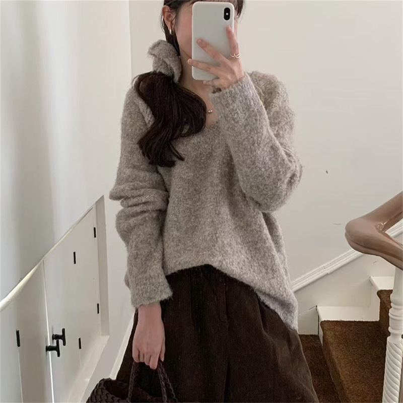韩系温柔风V领毛衣女外穿秋冬新款软糯圈圈纱显瘦气质针织衫上衣|undefined