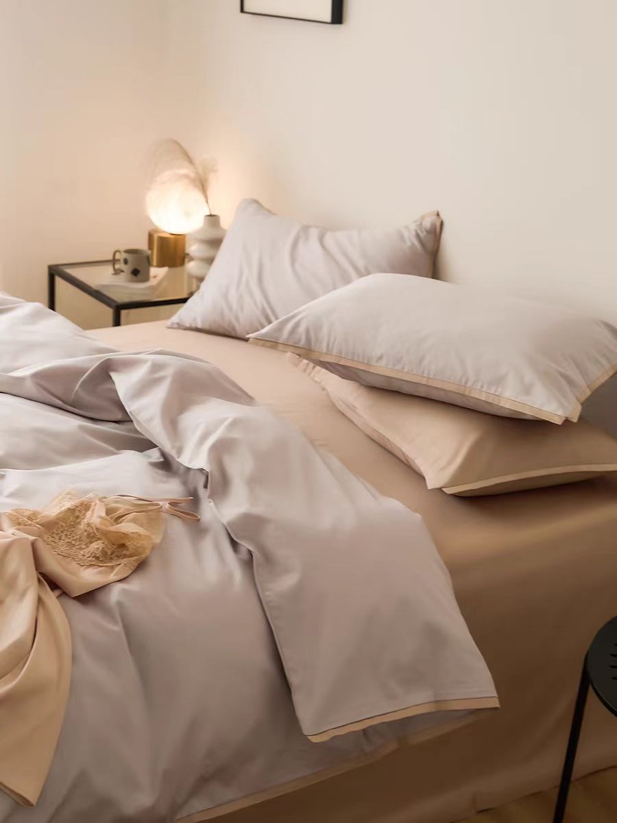 Estilo nórdico 100S algodón de cuatro piezas de satén de algodón de fibra larga algodón de cuatro piezas de algodón puro simple funda de edredón de cama de color sólido sábana