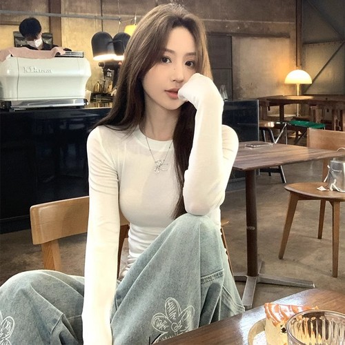 Korean-style pure desire irregular ruffled ribbon long-sleeved T-shirt women's summer design sweet spicy slim-fit blouse top