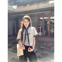 韓国スタイルのレイジースタイル刺繍文字純綿半袖Tシャツ女性用2025年夏新作イン超人気年齢軽減学生トップス