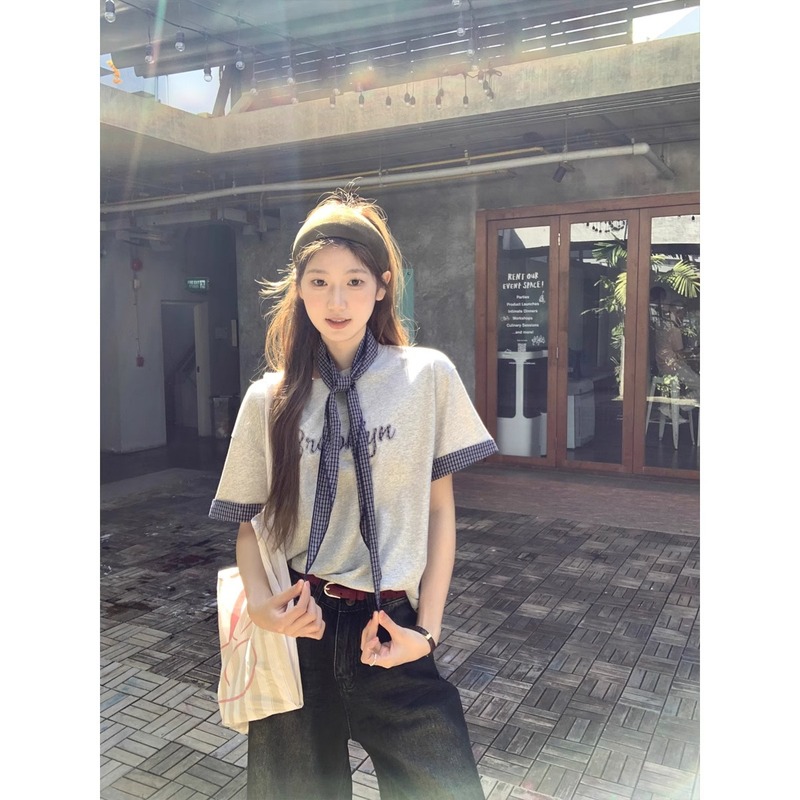韓国スタイルのレイジースタイル刺繍文字純綿半袖Tシャツ女性用2025年夏新作イン超人気年齢軽減学生トップス|undefined