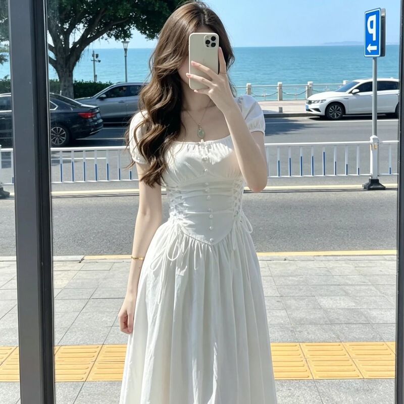 French-style square-neck puff-sleeve dress for women, summer waist-cinching tie dress, slimming and elegant long dress, gentle style white tea break dress
