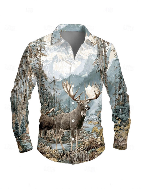 Vintage Men's Reindeer Aztec Indian Culture Long Sleeve Shirt Casual Men's Top Ethnic Style Shirt