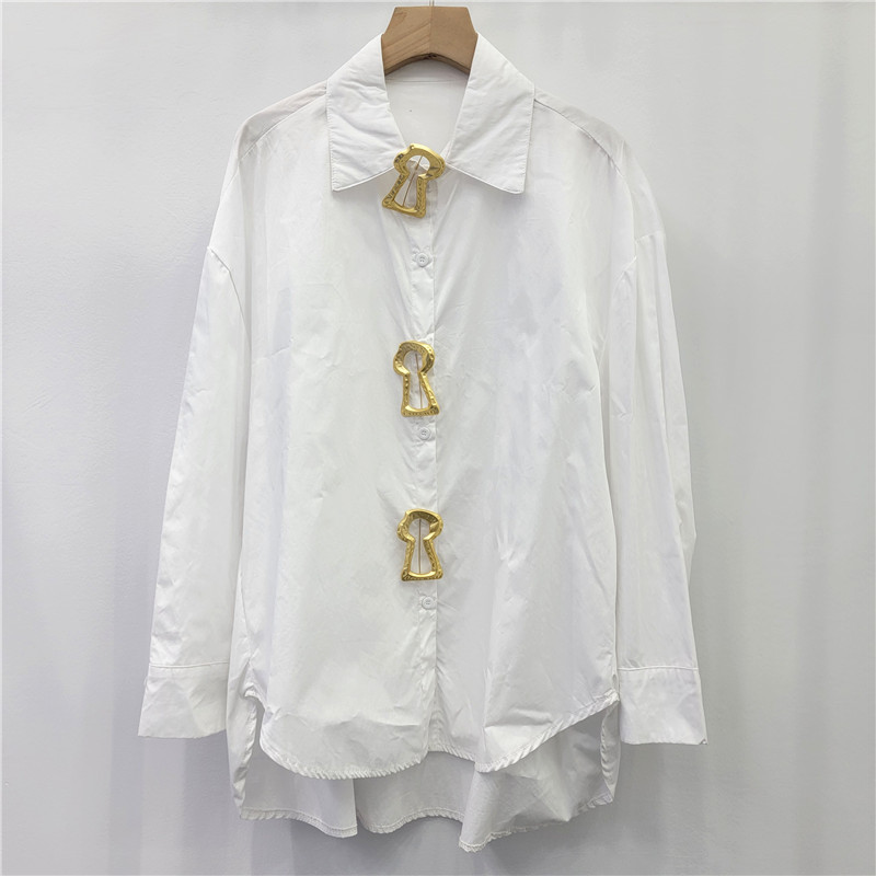Ingeniería pesada simple camisa de manga larga de color sólido para mujeres 2026 primavera nuevo diseño de hebilla metálica blusa suelta image 1
