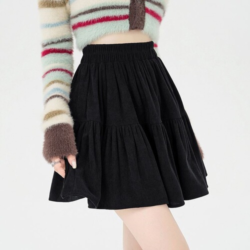 Puffy coffee color European cotton wool autumn and winter skirt elastic waist New elastic high waist slimming short skirt